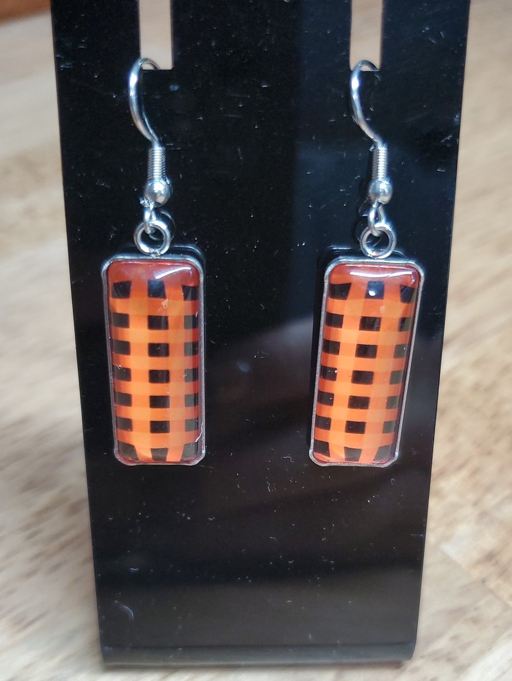 Orange and Black Check Dangle Earrings